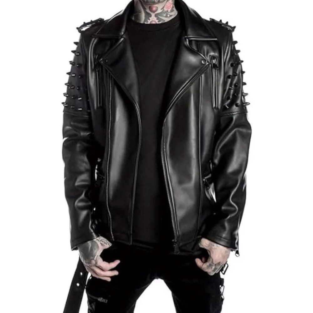 1-28.jpg Men Notch Lapel Collar Punk Leather Jacket - Image 1