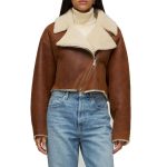 Women Cropped Aviator Shearling Leather Jacket - Image 3